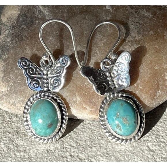Sterling Silver Turquoise Butterfly Dangle Earrings Native Southwest Style - Picture 1 of 7